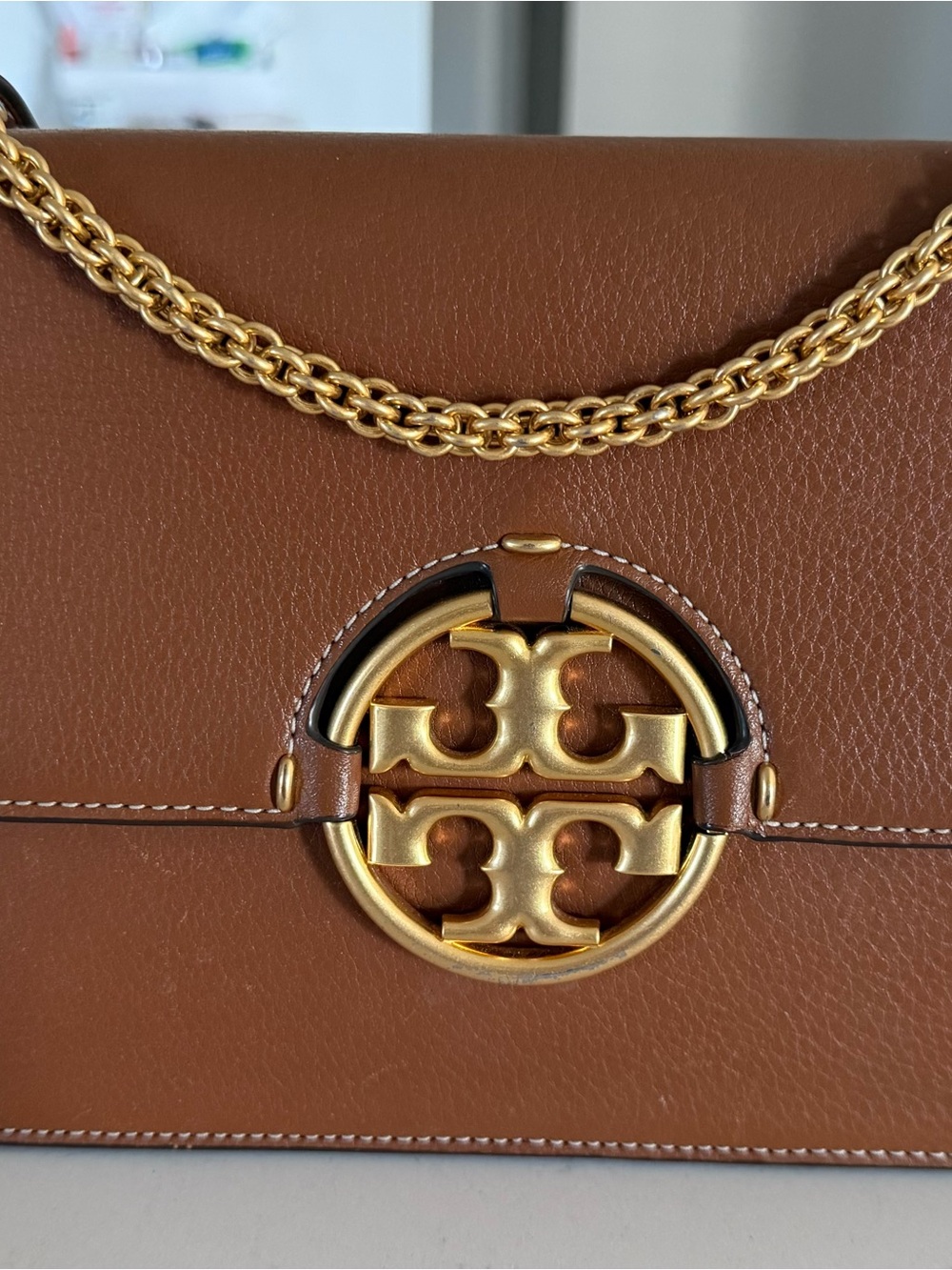 Tory Burch Brown Leather Shoulder Bag with Gold Logo Chain